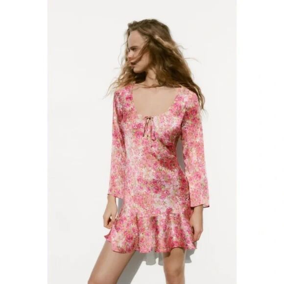 Zara Floral Print Mini Dress Women's L Pink Flounce Hem Lightweight Long Sleeve - Picture 1 of 9